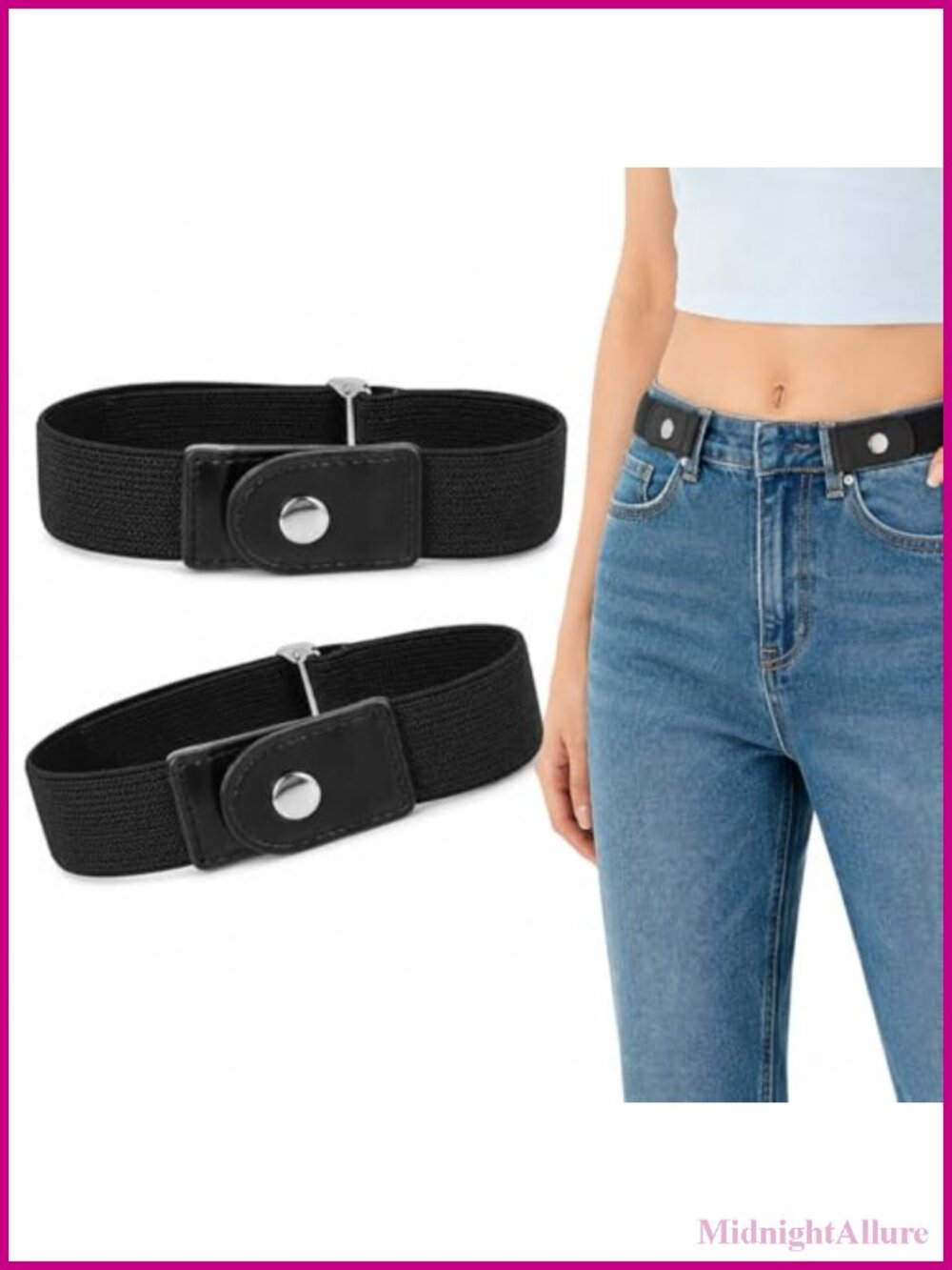 2 Pack No Buckle Elastic Invisible Belt with PU Leather for Jeans & Pants